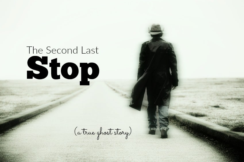 Title image for my ghost story "The Second Last Stop", featuring a blurred man in a cowboy hat, walking away down a bleak road, with nothing else in sight.
