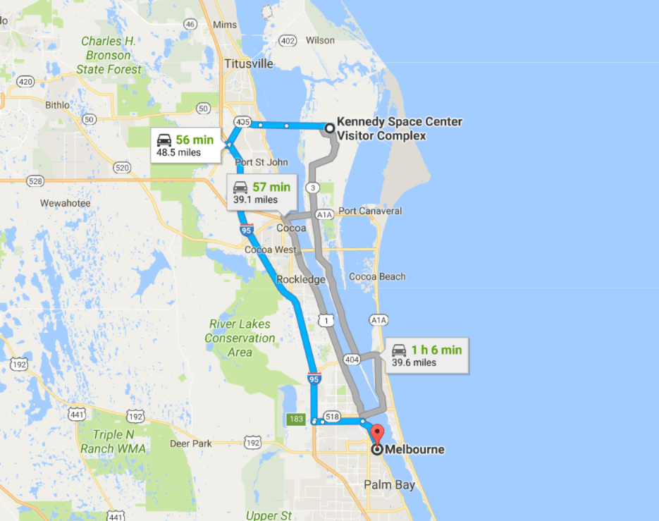 Kennedy Space Centre to Melbourne Florida MLB Map