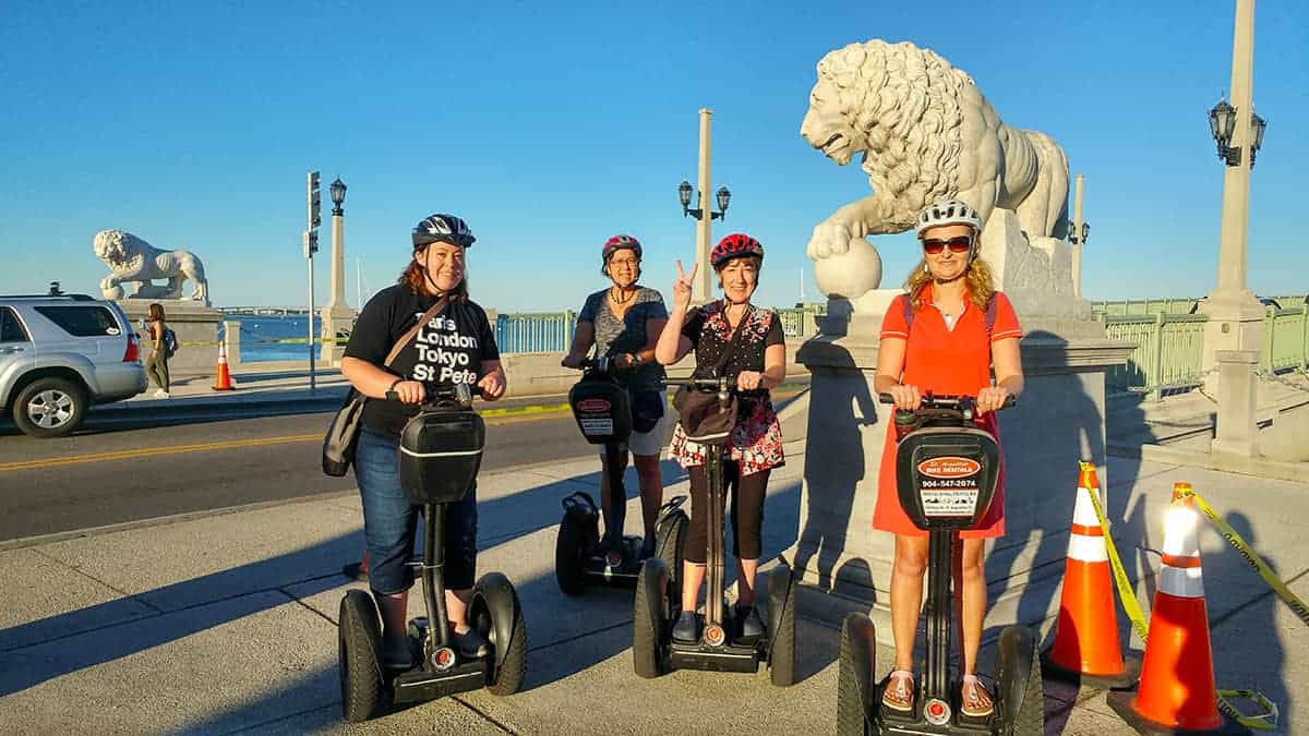 St Augustine Bike Rentals Segway Tour near lion statues
