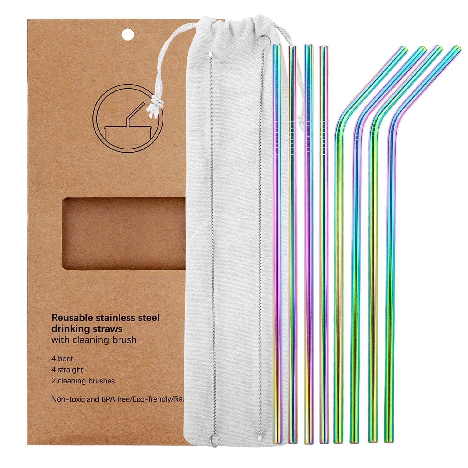 Reusable stainless steel drink straws with pouch.