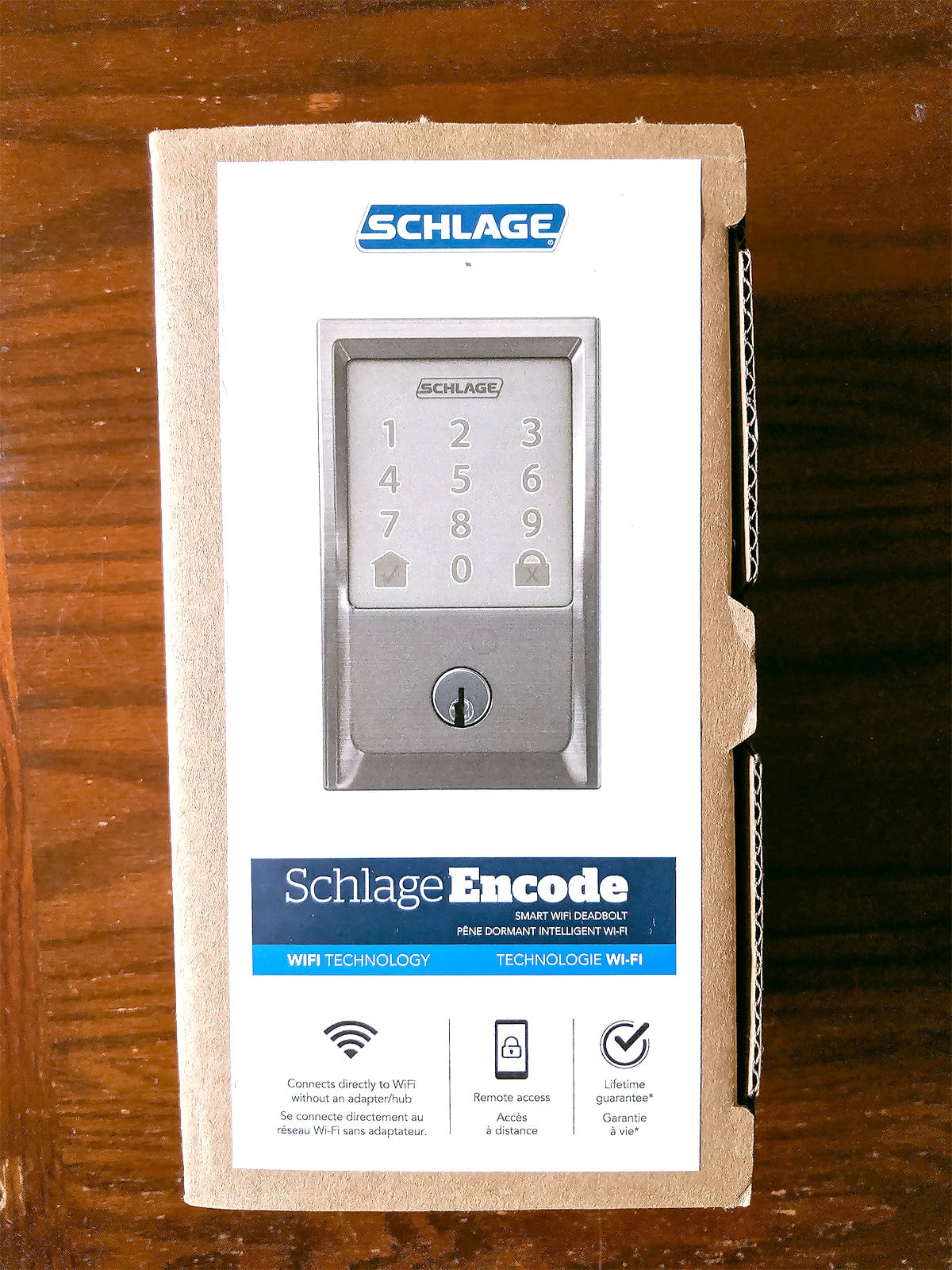 Environmental-friendly minimal packaging encases the Schlage Encode WiFi enabled digital lock.